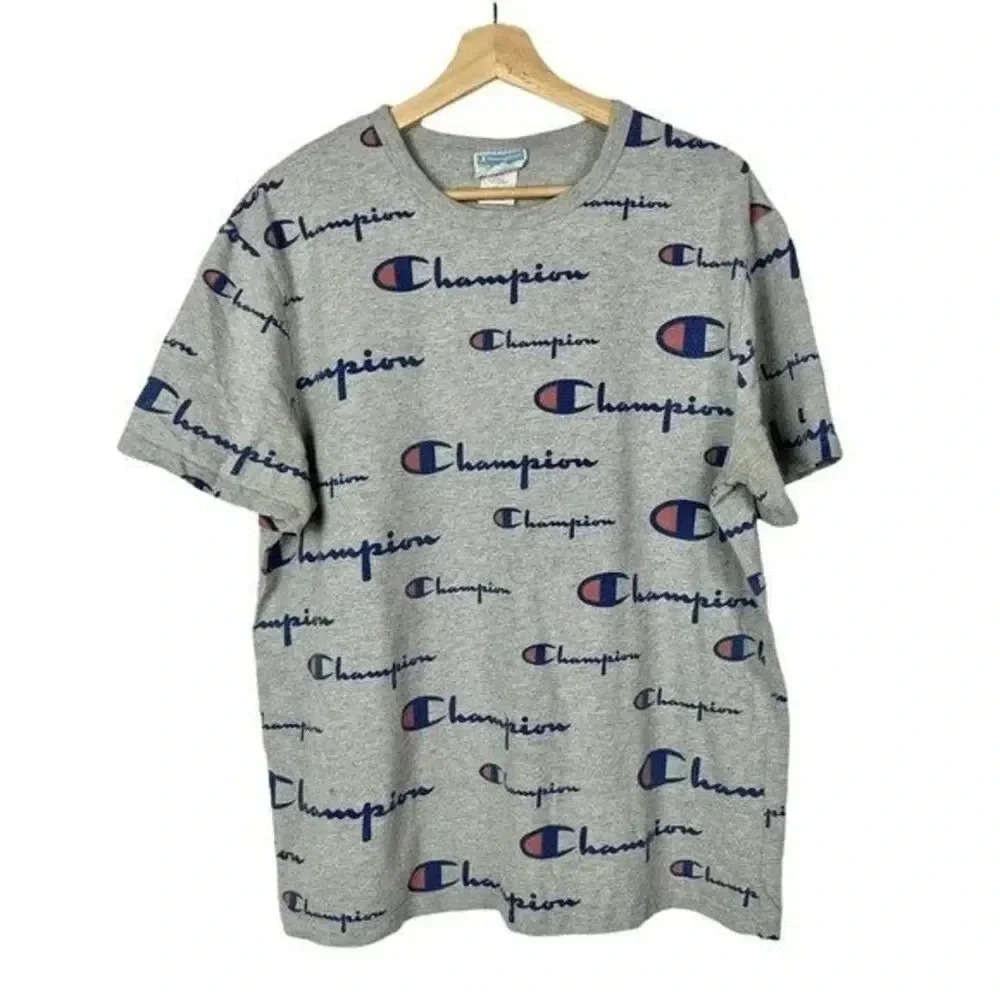 Champion Gray All Over Graphic Logo Crew Neck T-Shirt L - Picture 2 of 4